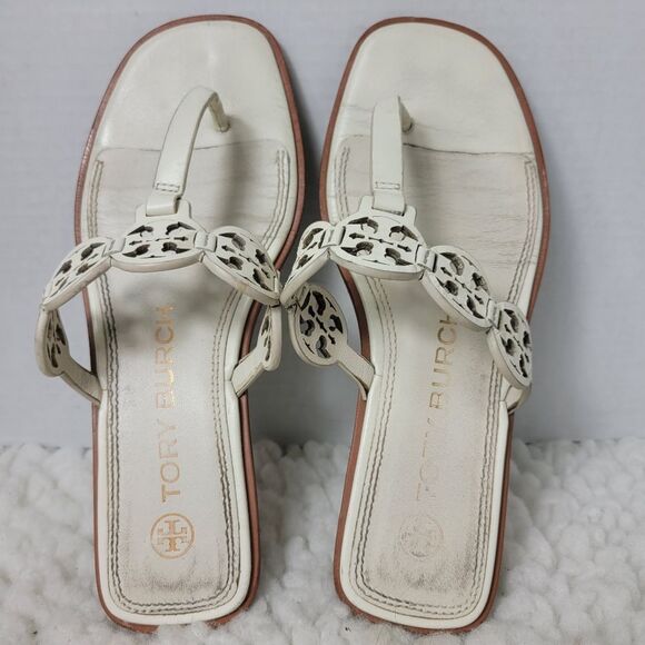 Tory Burch Tiny Miller 10mm Womens Sandals Size 6.5 Ivoiry Calf Leather Thong - Picture 8 of 10